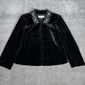 Tahari ASL Jacket Women's 10 Black Velvet Velour Embellish Faux Pearl Rhinestone